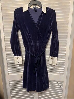 Ralph Lauren Navy Velvet Wrap Dress with White Collar & Cuffs